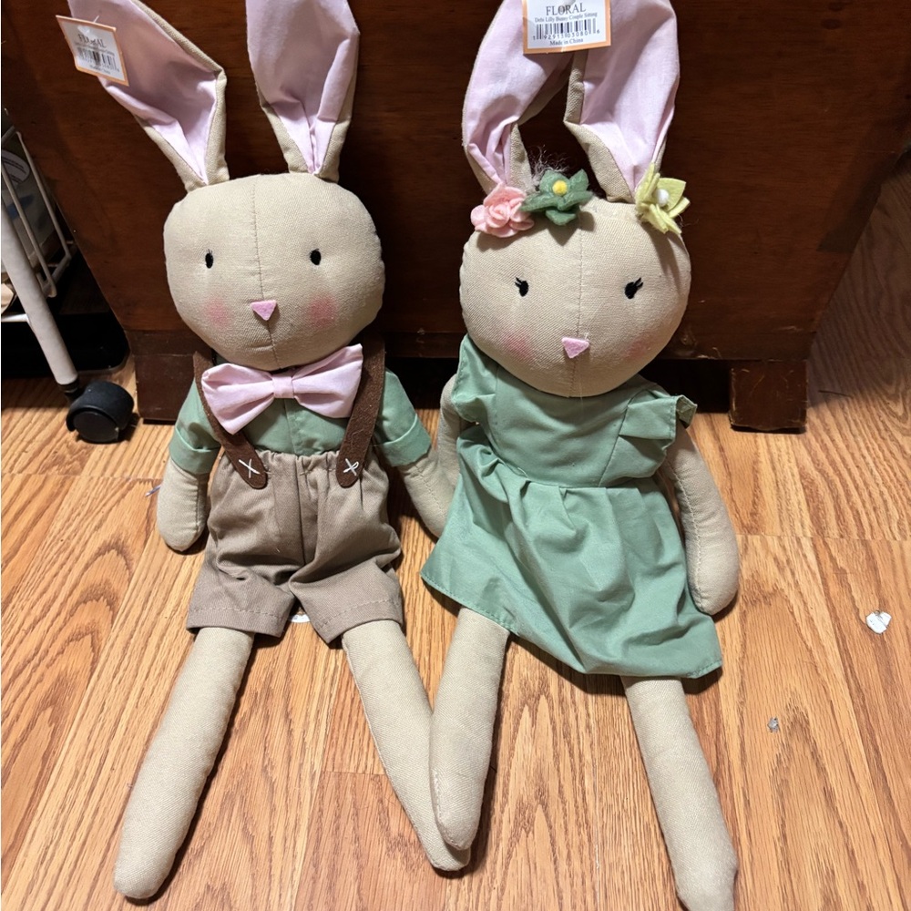Adorable Debi Lilly Bunny Couple Plush Dolls in Green and Tan. Easter!